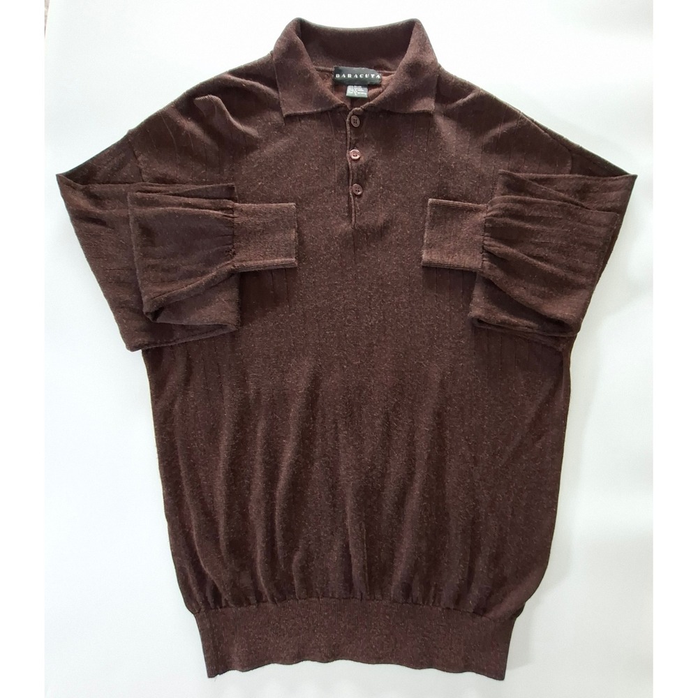 Baracuta Mens Large Brown Rayon Cotton Knit Long Sleeve Polo Sweater Ribbed L